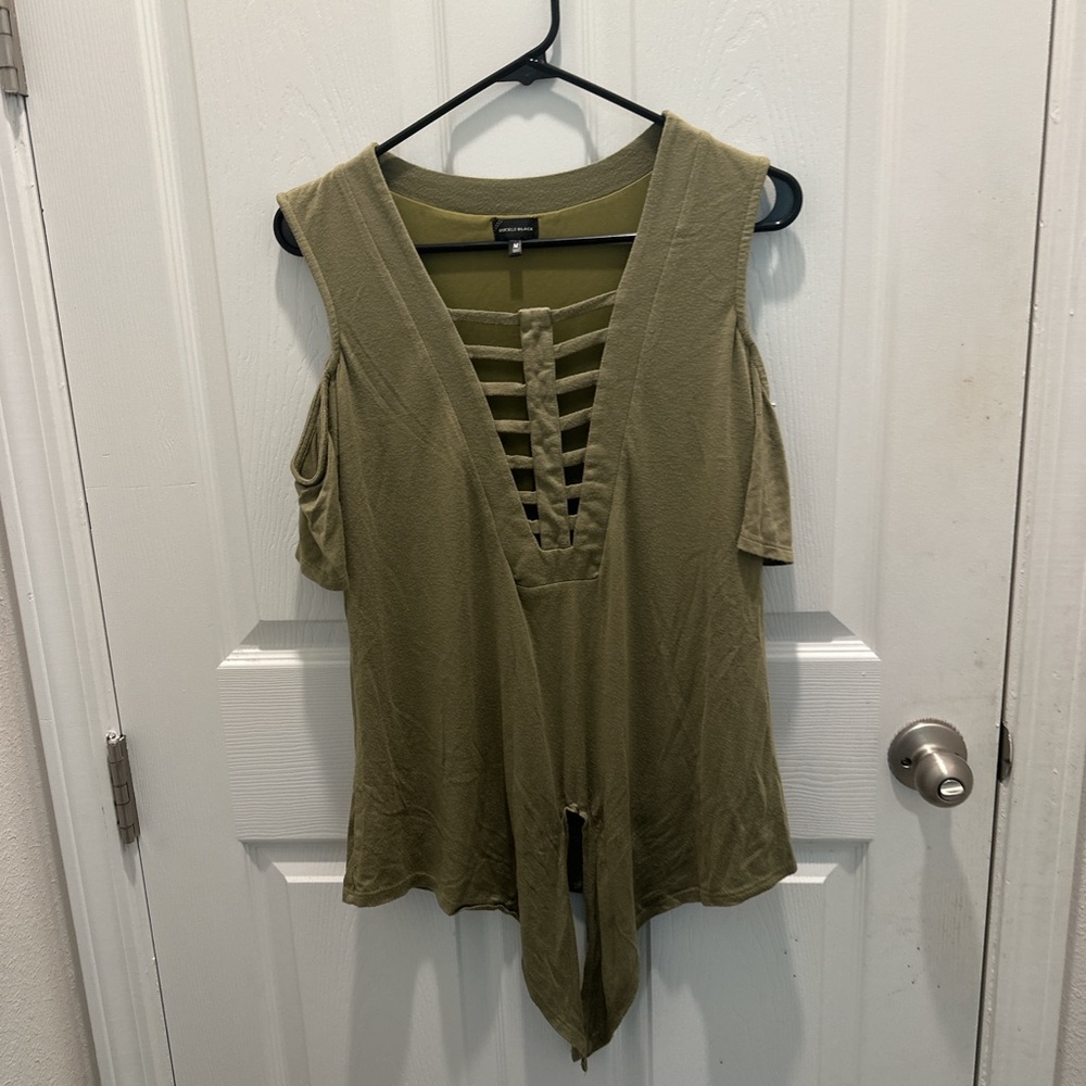 Buckle Black Olive Green Cold-Shoulder Women's Top with Ladder Front Detail